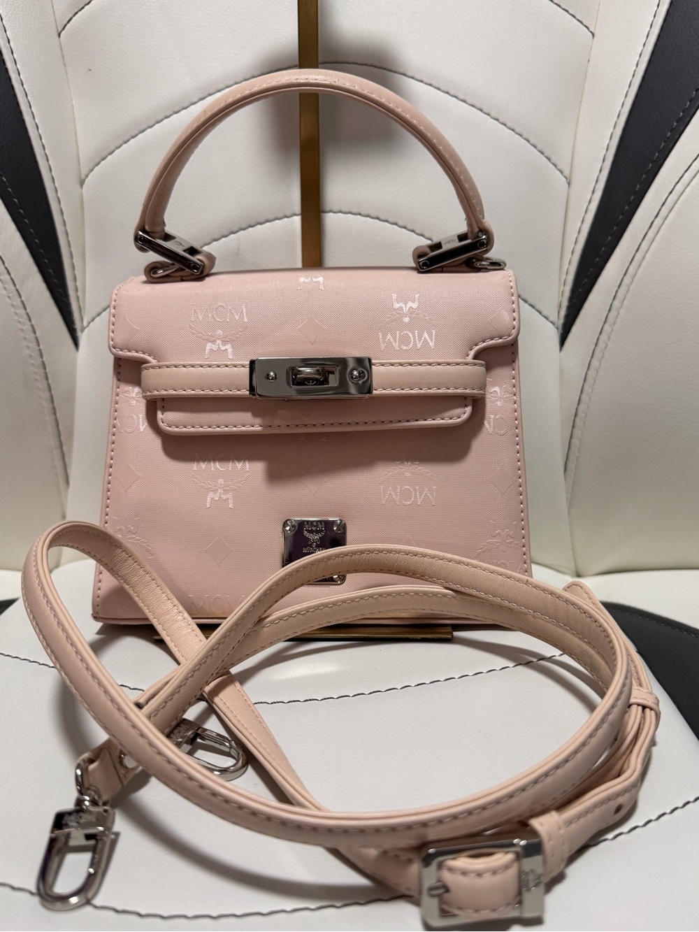 MCM Mini Top-Handle Bag in Pale Pink with Silver Hardware